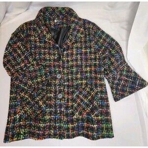 Damee NYC Womens Size L NEON Green Orange Grid Plaid Designer Dress Blazer Art